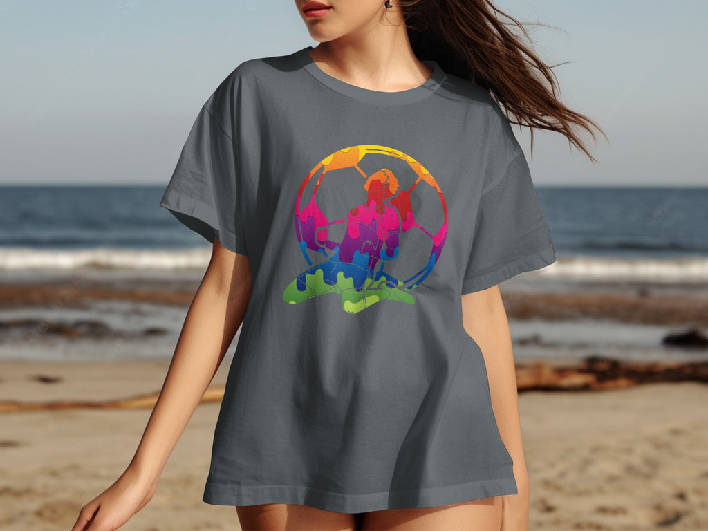 Gray t-shirt with a colorful soccer player inside a soccer ball graphic.
