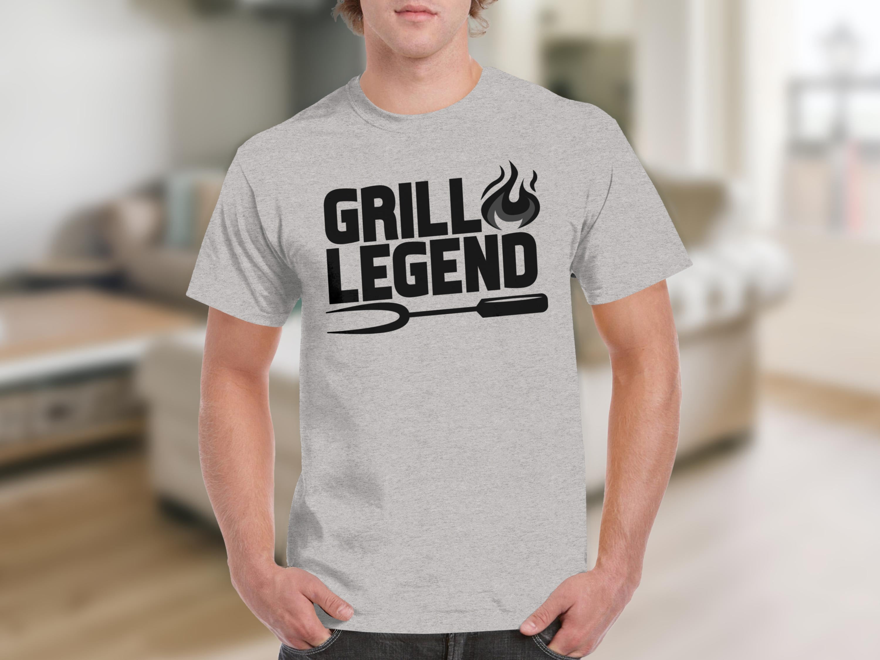 Gray t-shirt with black "GRILL LEGEND" text and grilling fork graphic.