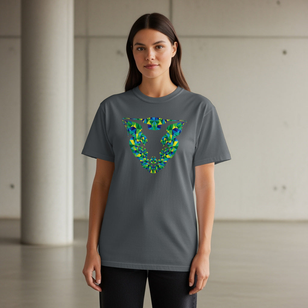 Dark grey t-shirt with a geometric blue, green, and yellow abstract design on the chest.