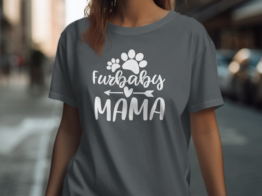 Gray t-shirt with white text and paw prints saying "Furbaby Mama".