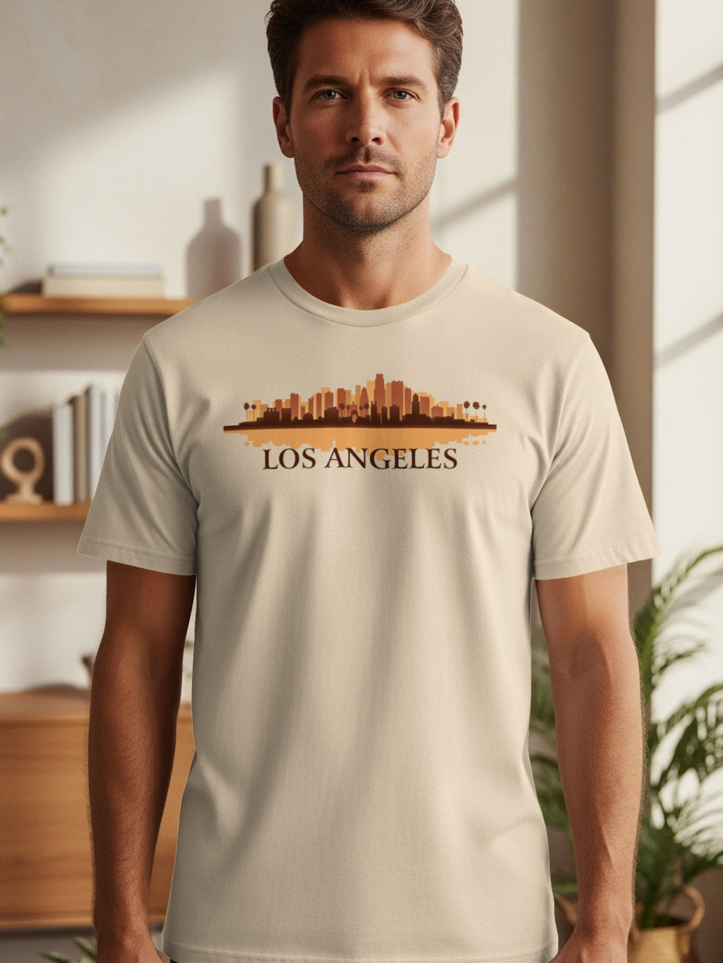 Tan t-shirt with Los Angeles skyline graphic and text.