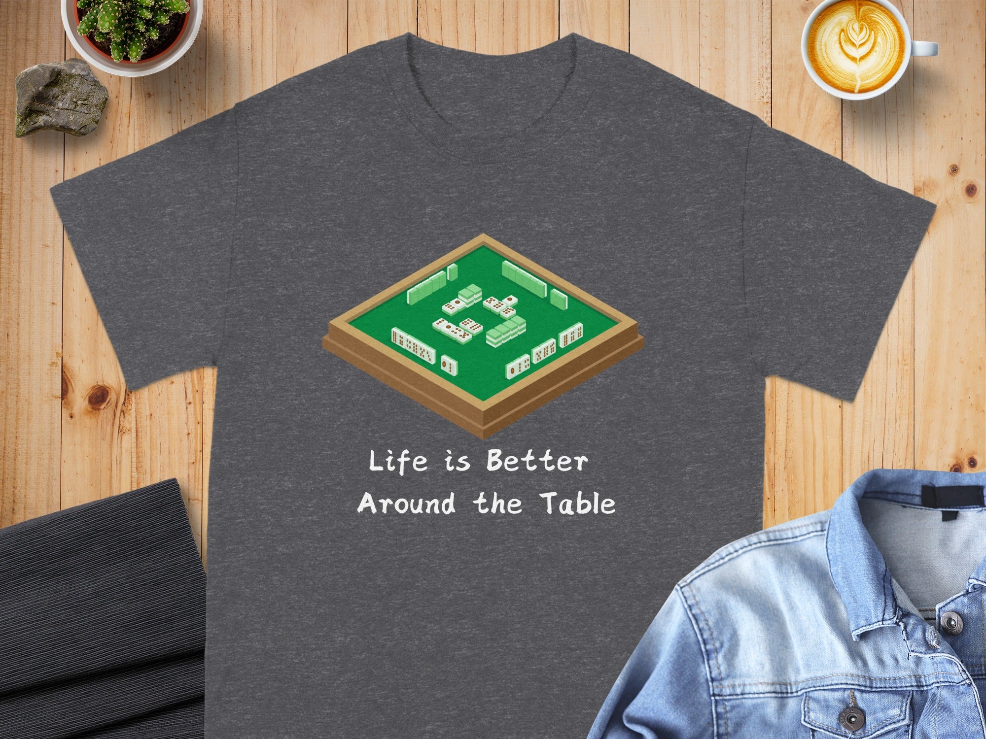 Dark gray t-shirt with Mahjong set and text "Life is Better Around the Table".
