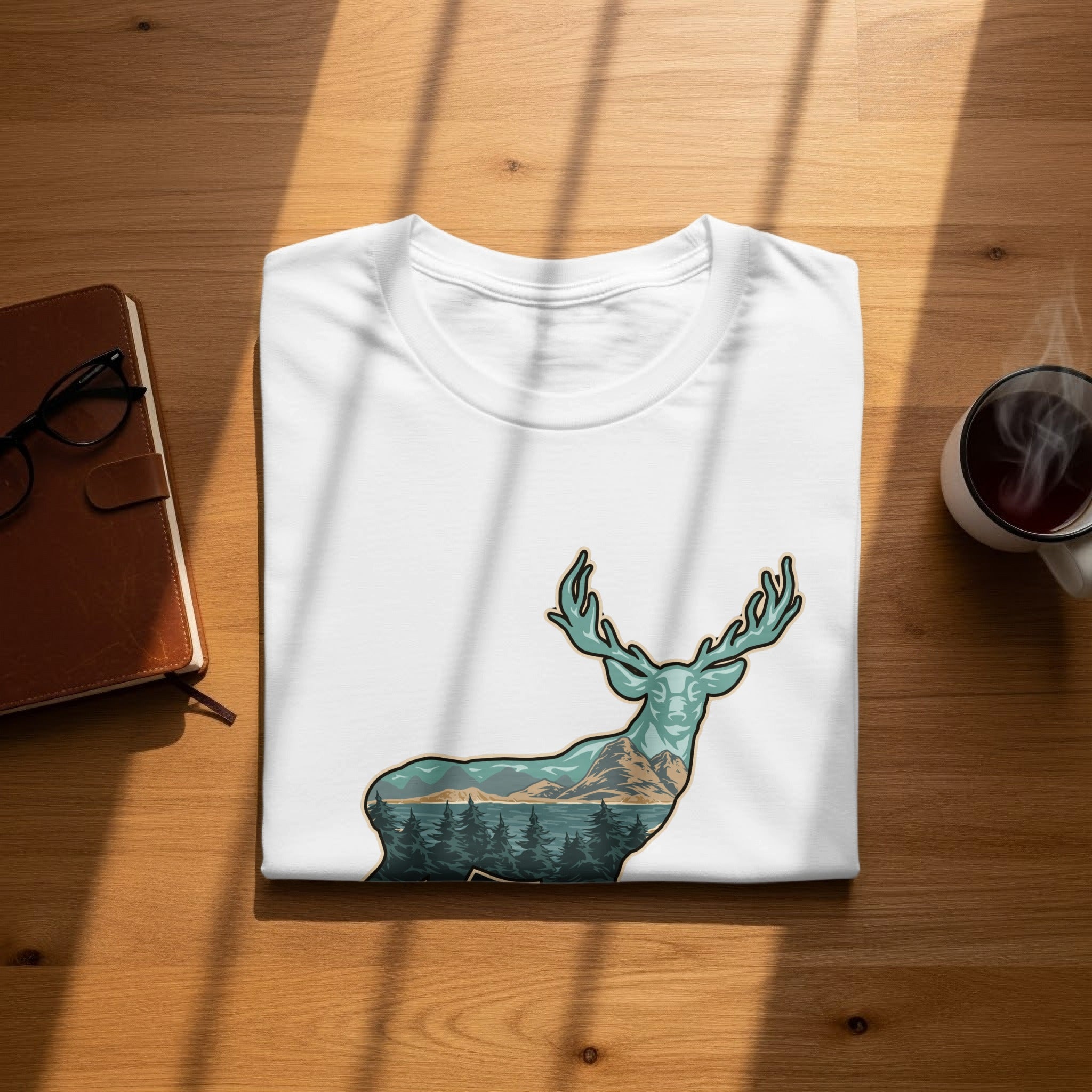 White t-shirt with an outline of a deer filled with a landscape scene.