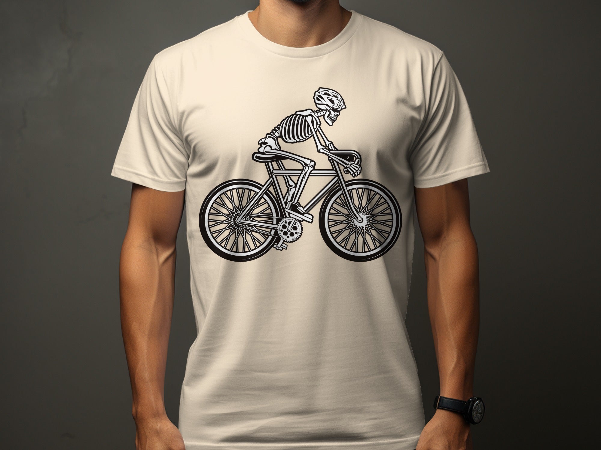 Skeleton bicyclist with helmet on a road bike, black and white illustration on a cream t-shirt.