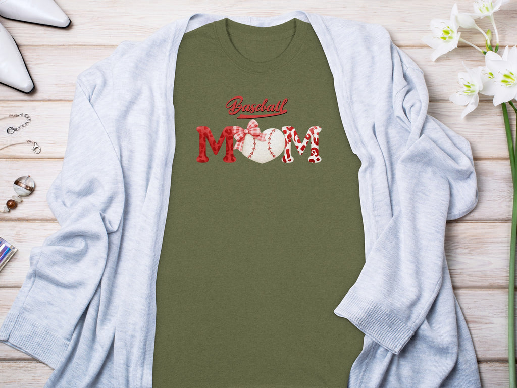 Olive t-shirt with "Baseball Mom" design featuring a baseball heart.