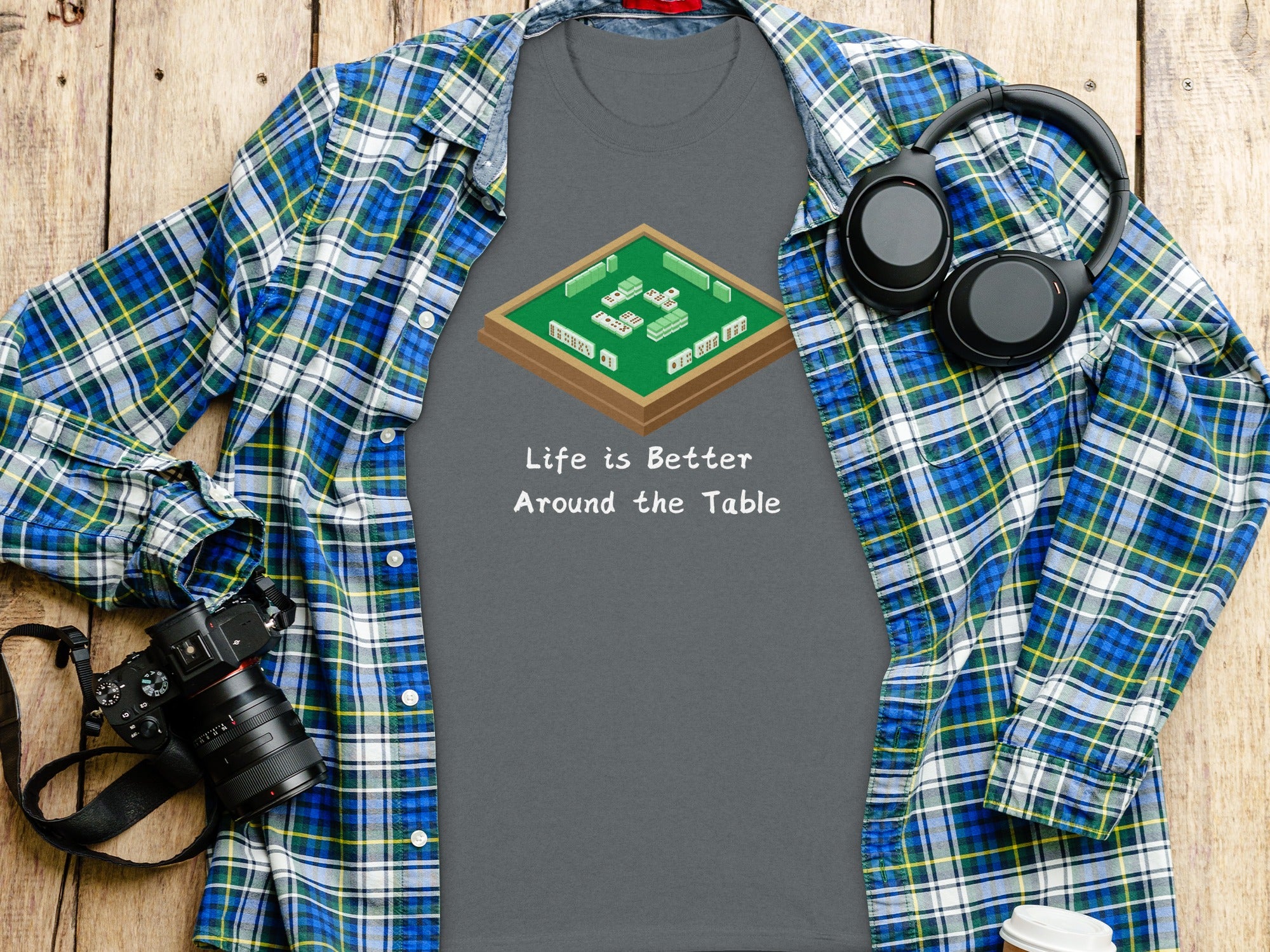 Grey t-shirt with Mahjong set graphic and "Life is Better Around the Table" text.