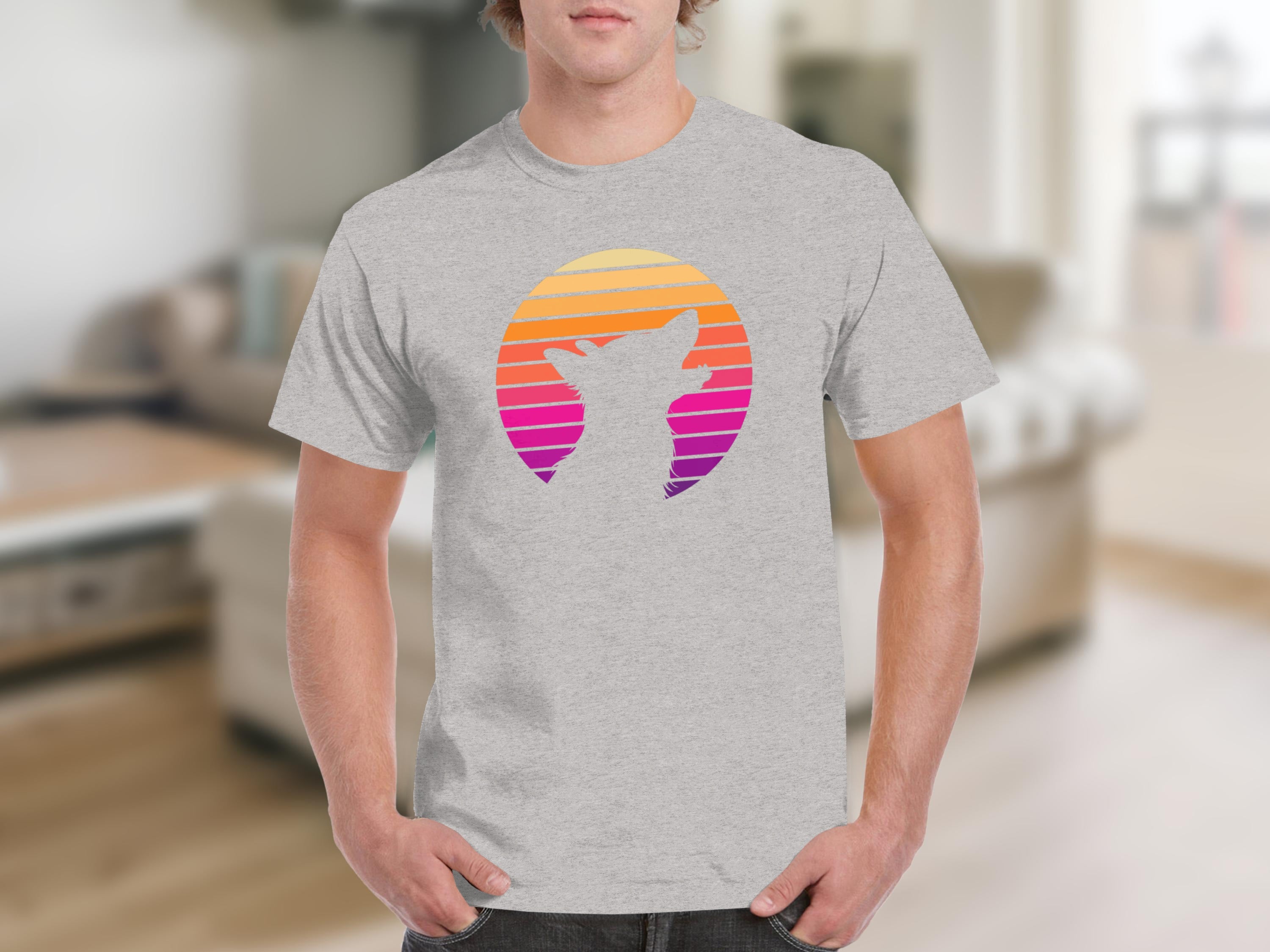 Grey t-shirt with a silhouette of a fox against a retro sunset circle.