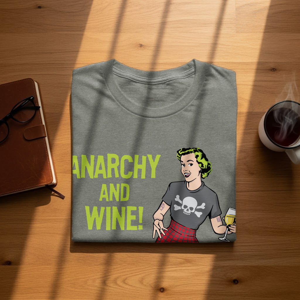 Grey t-shirt with "Anarchy and Wine!" text and a comic-style woman with a skull shirt.