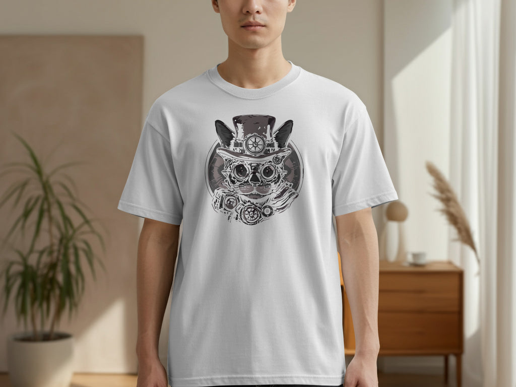 White t-shirt with steampunk cat graphic wearing a top hat and goggles.