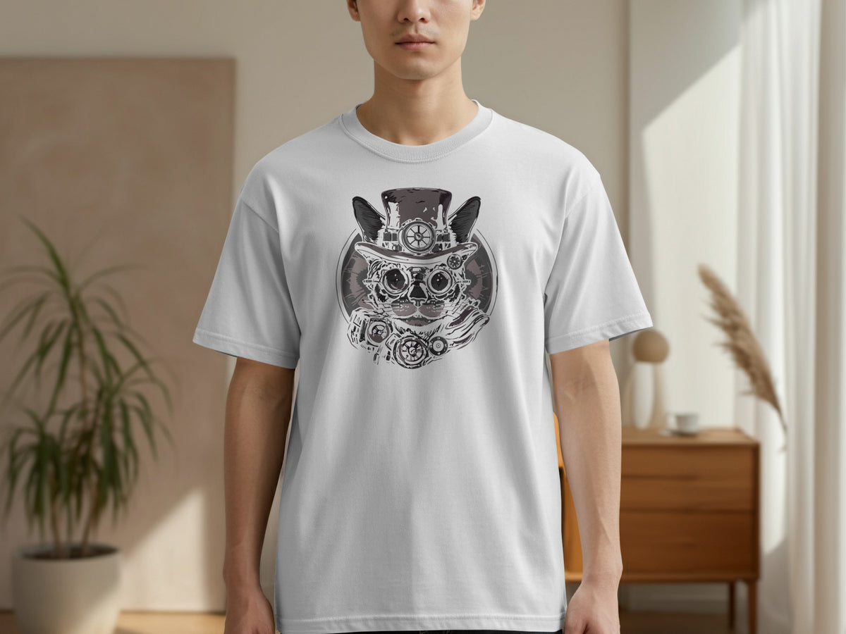 White t-shirt with steampunk cat graphic wearing a top hat and goggles.