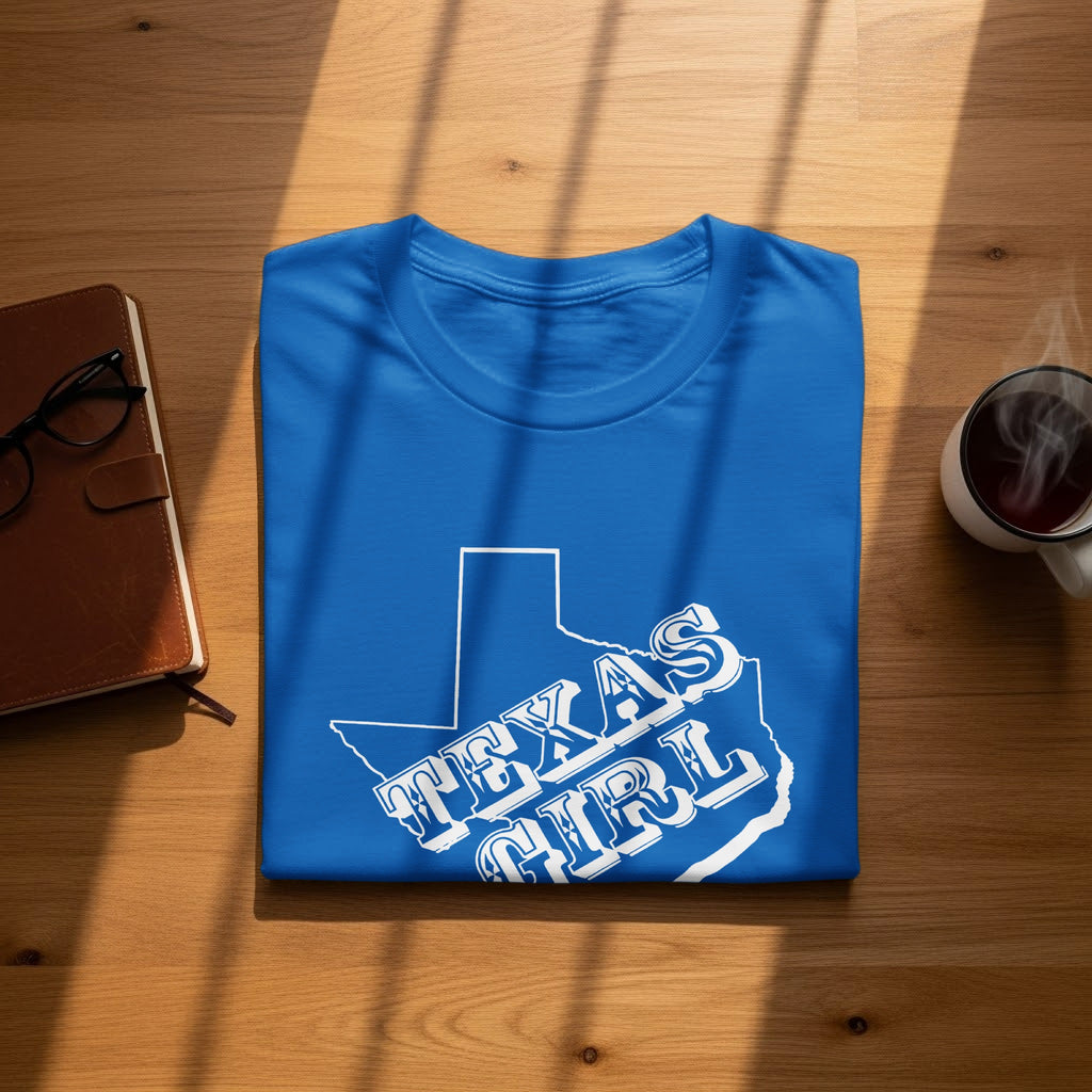 Blue t-shirt with white Texas outline and "Texas Girl" text.