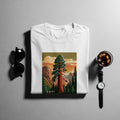 White t-shirt with sequoia tree and mountain landscape graphic design.