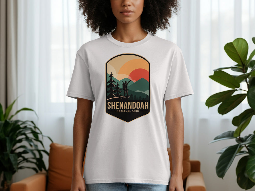 White t-shirt featuring Shenandoah National Park graphic with mountains and a hiker.