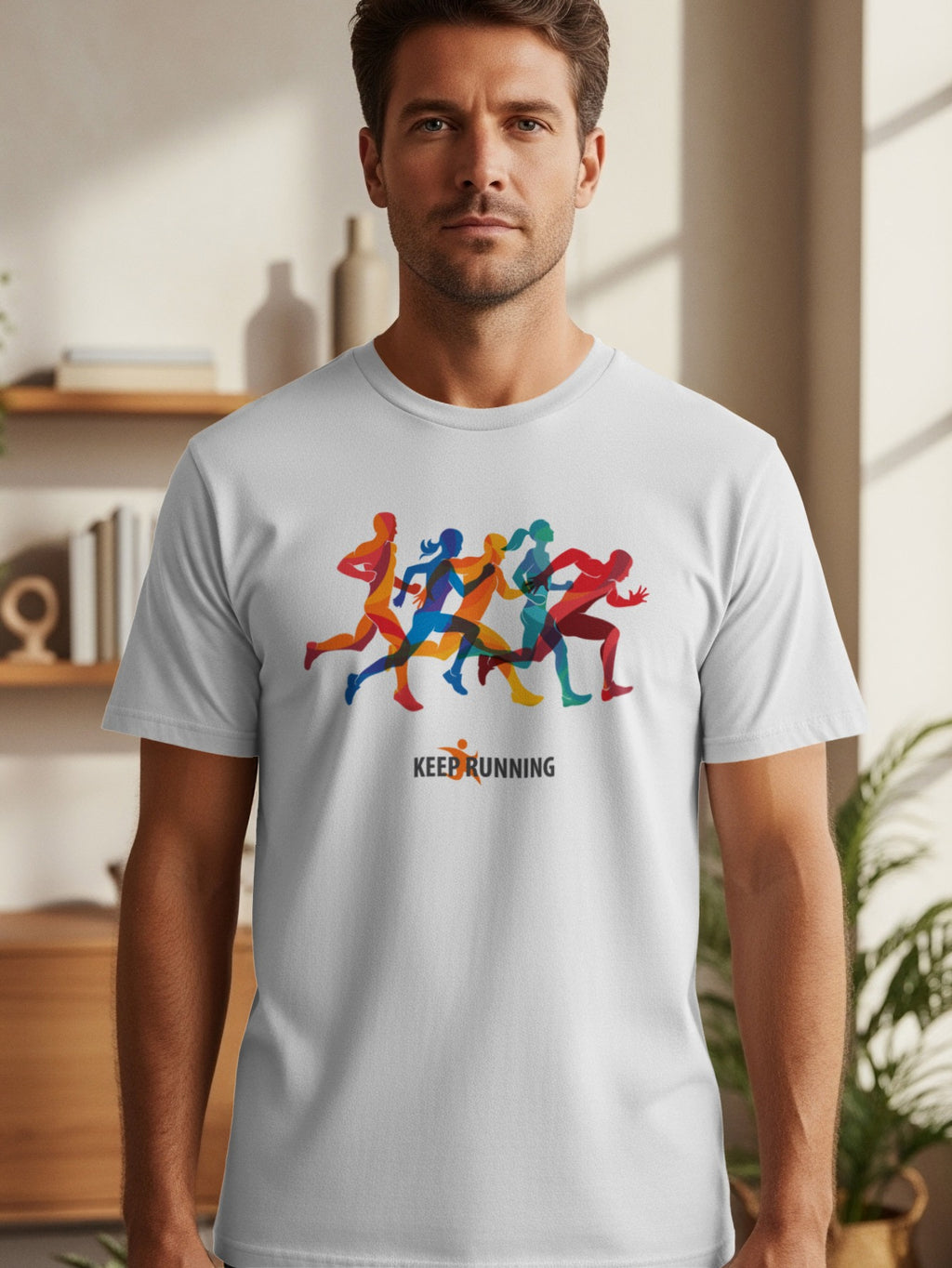 White t-shirt featuring colorful running silhouettes and the text "KEEP RUNNING".