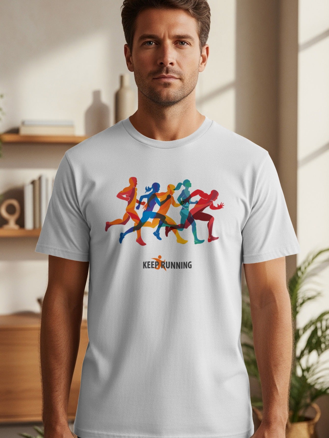 White t-shirt featuring colorful running silhouettes and the text "KEEP RUNNING".