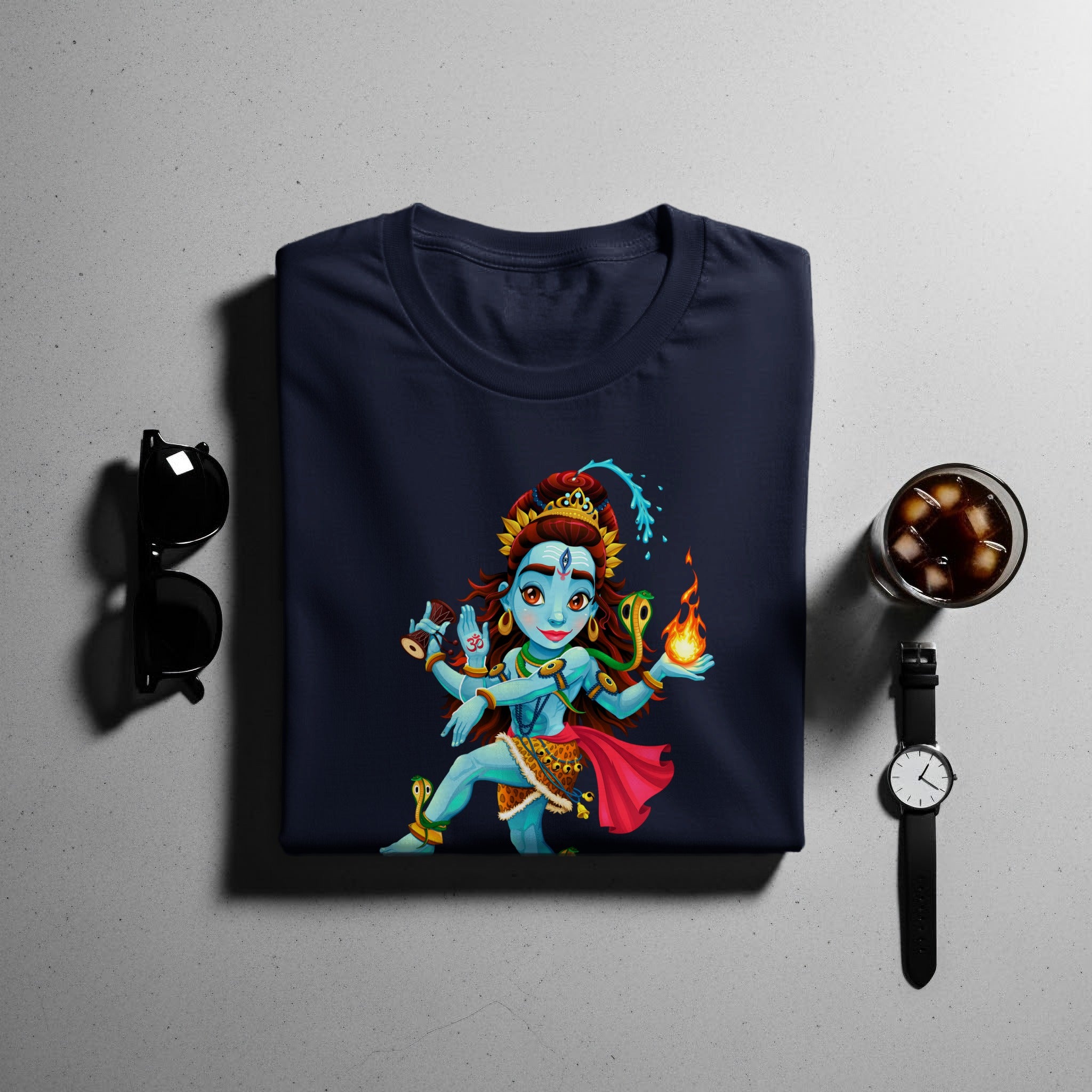 Navy blue t-shirt with cartoon Lord Shiva design, sunglasses, watch, and drink.