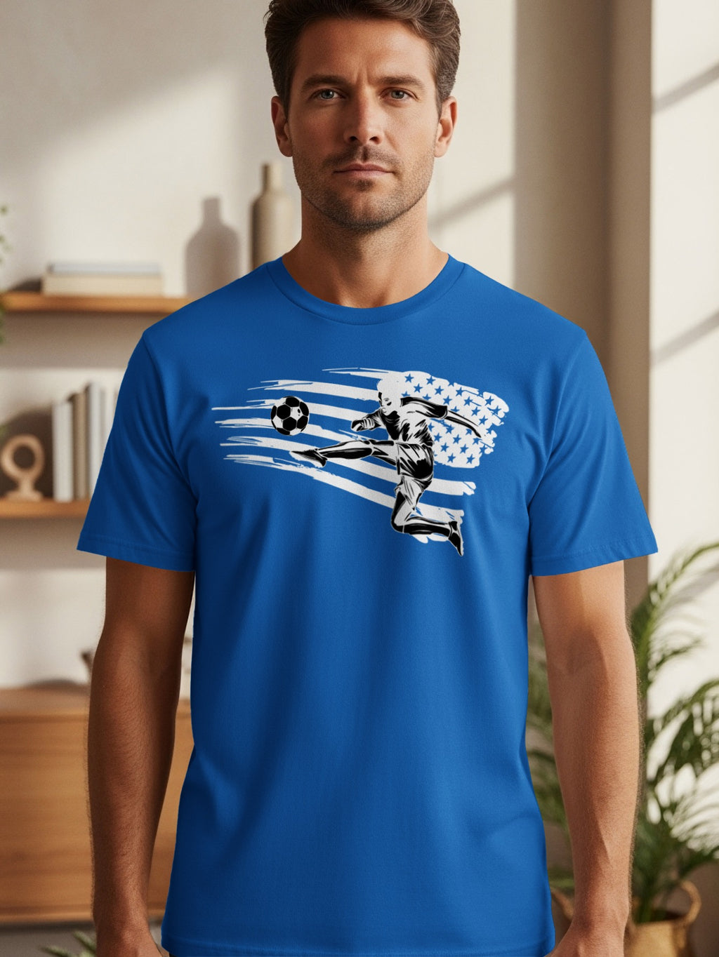 Man wearing a blue t-shirt with a graphic of a soccer player kicking a ball with stripes and stars.