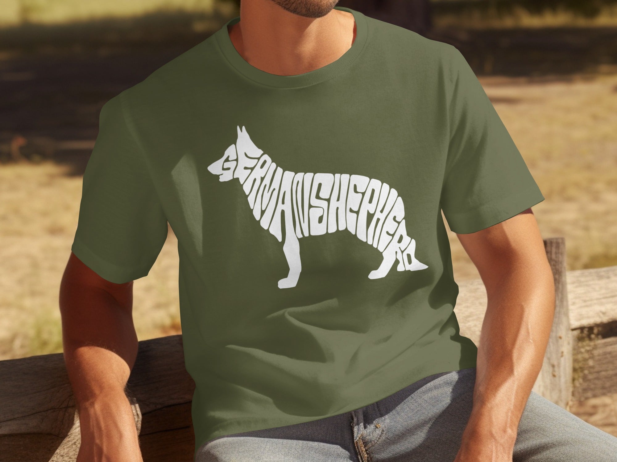 Green t-shirt with white German Shepherd silhouette filled with text.
