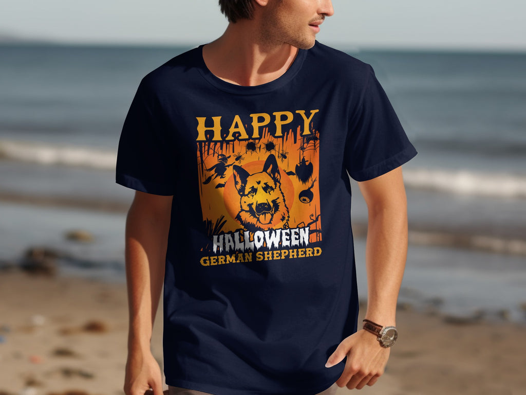Navy t-shirt with "Happy Halloween German Shepherd" text and dog graphic.
