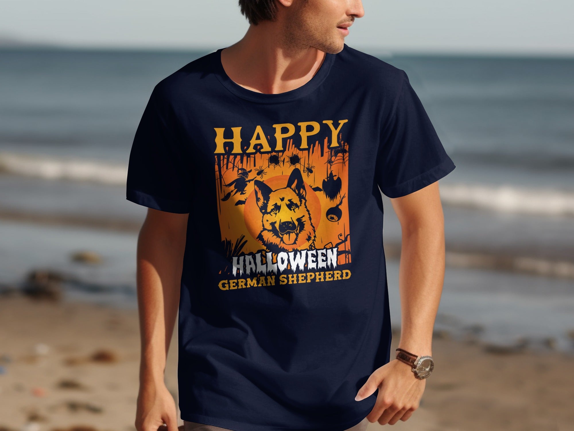 Navy t-shirt with "Happy Halloween German Shepherd" text and dog graphic.