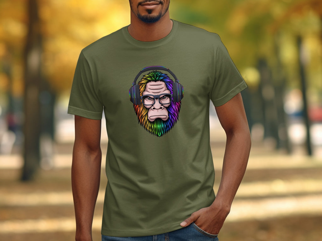 T-shirt with rainbow-colored Bigfoot wearing headphones and glasses.