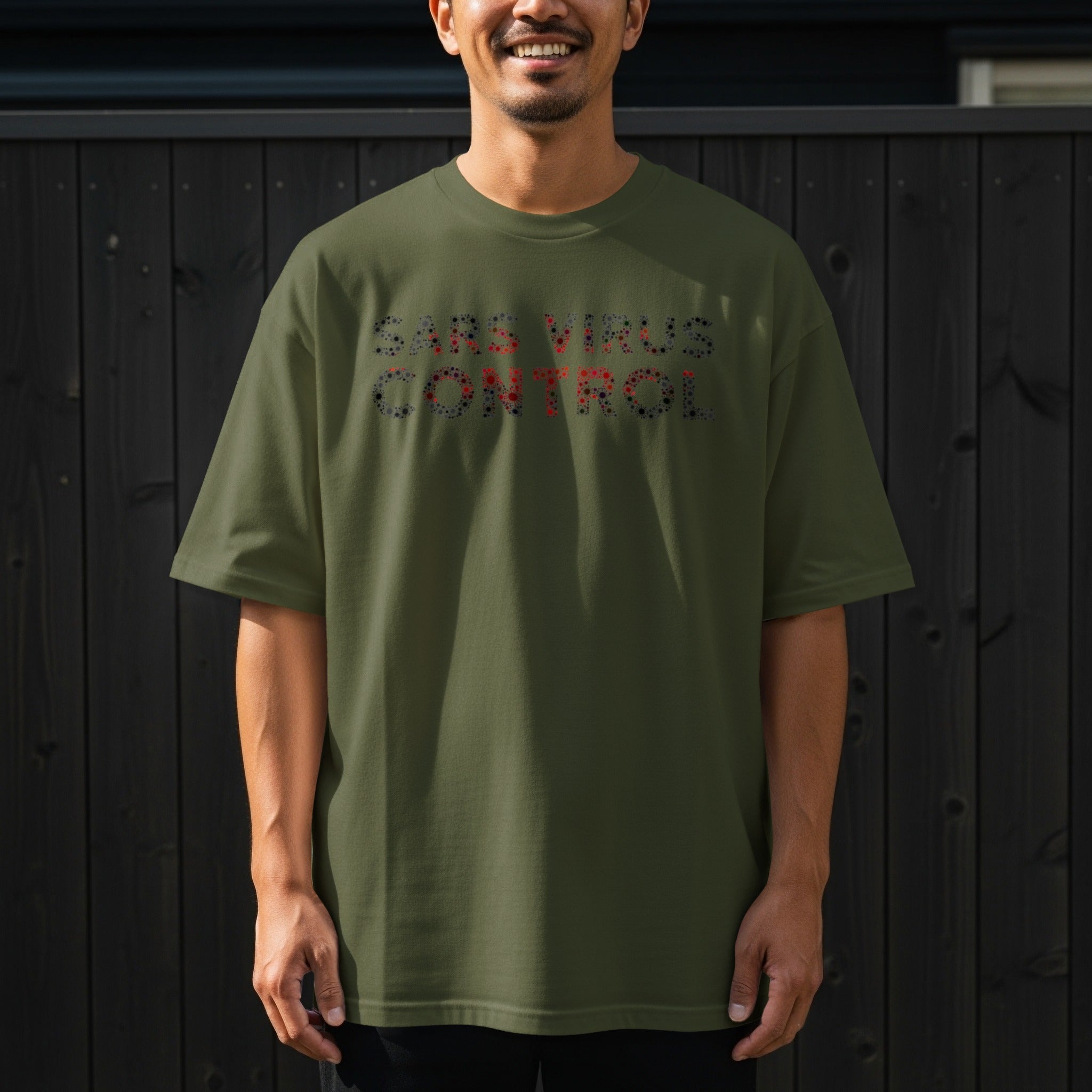 Olive green t-shirt with "SARS VIRUS CONTROL" text made of virus graphics.