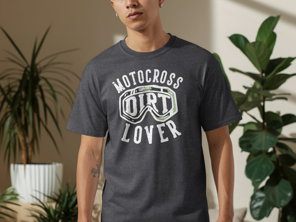 Man in dark grey t-shirt with "Motocross Dirt Lover" graphic and goggles.