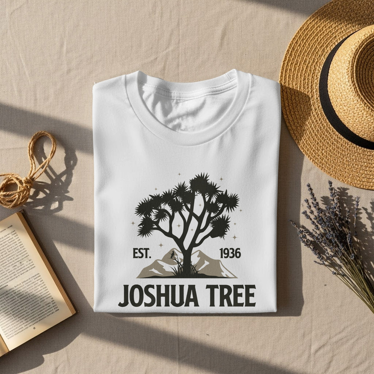 White t-shirt with Joshua Tree graphic, EST. 1936.