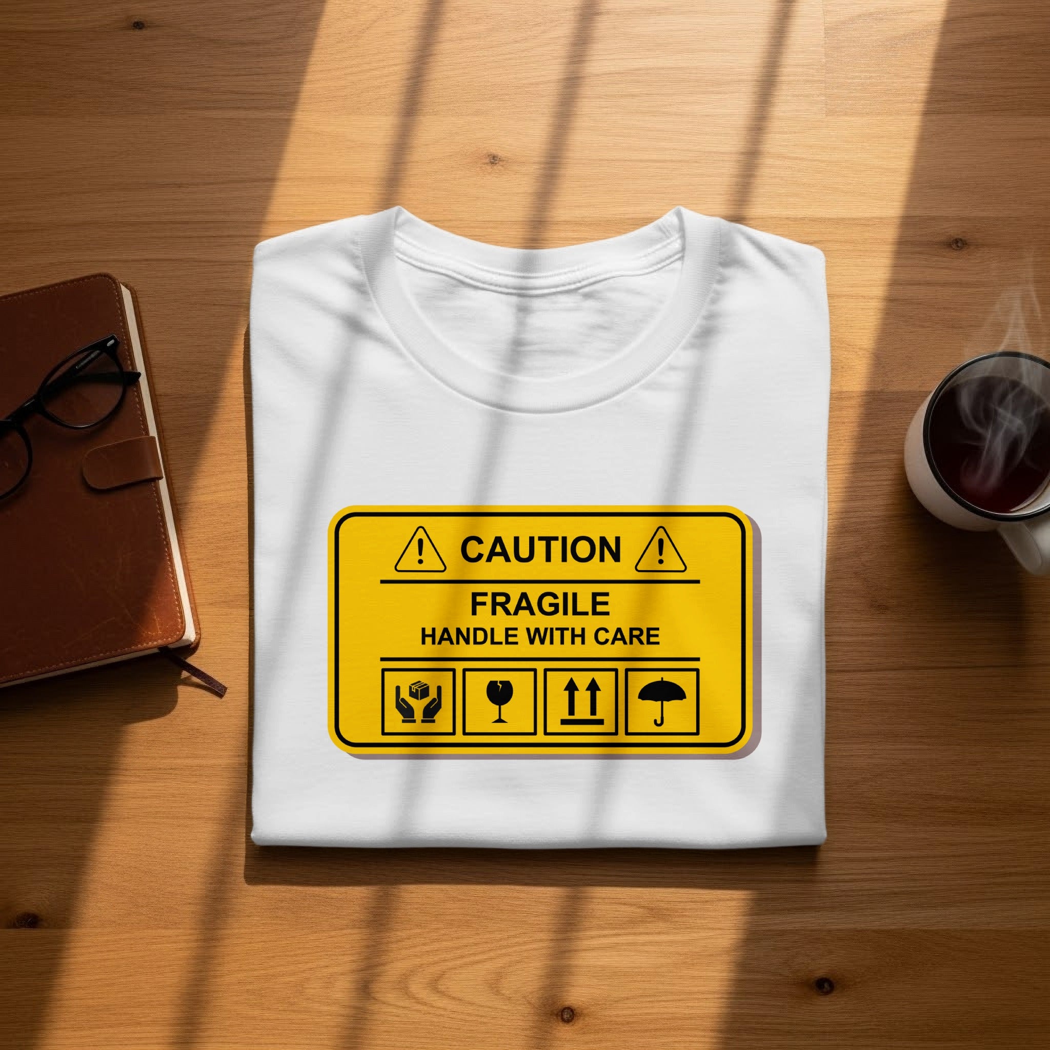 White t-shirt with "CAUTION FRAGILE HANDLE WITH CARE" text and shipping symbols.