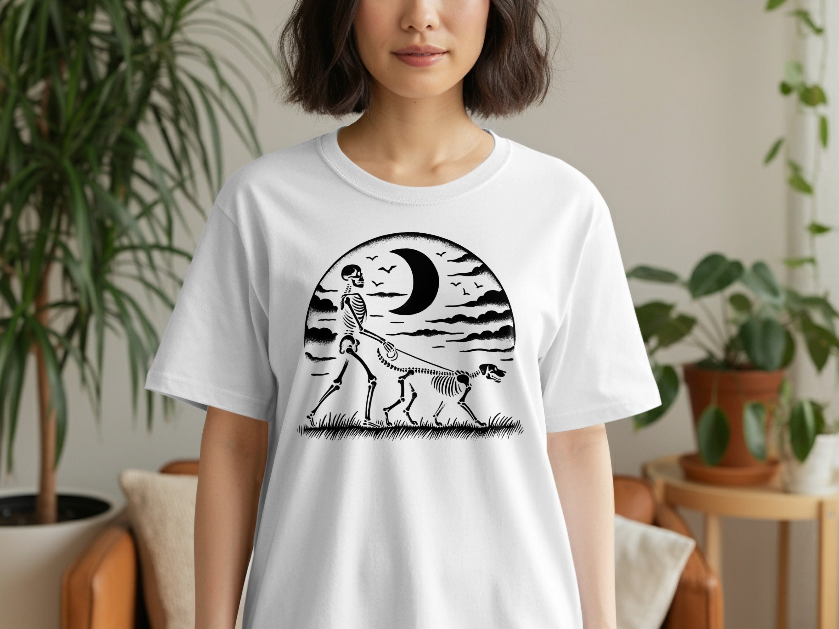 Skeleton walking dog under a moonlit sky with birds and clouds