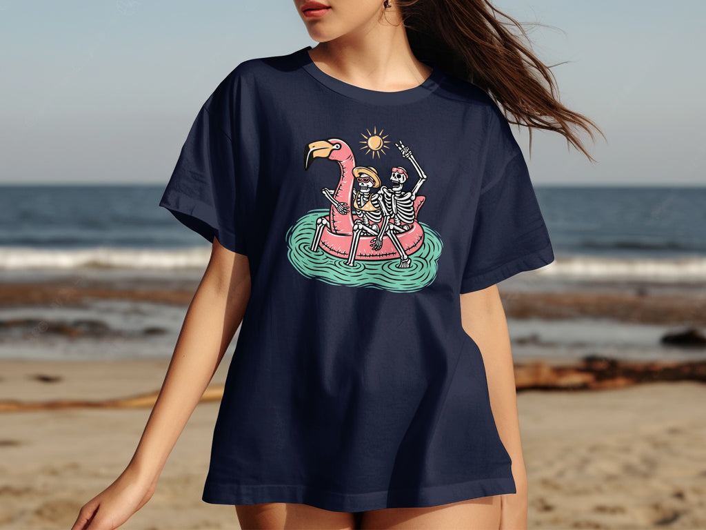 Two skeletons riding a flamingo float on water under a sun.