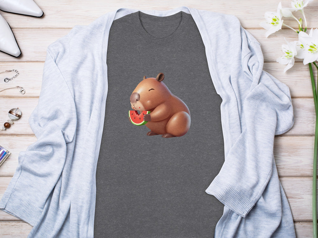 Dark grey t-shirt with a cartoon capybara eating watermelon graphic.