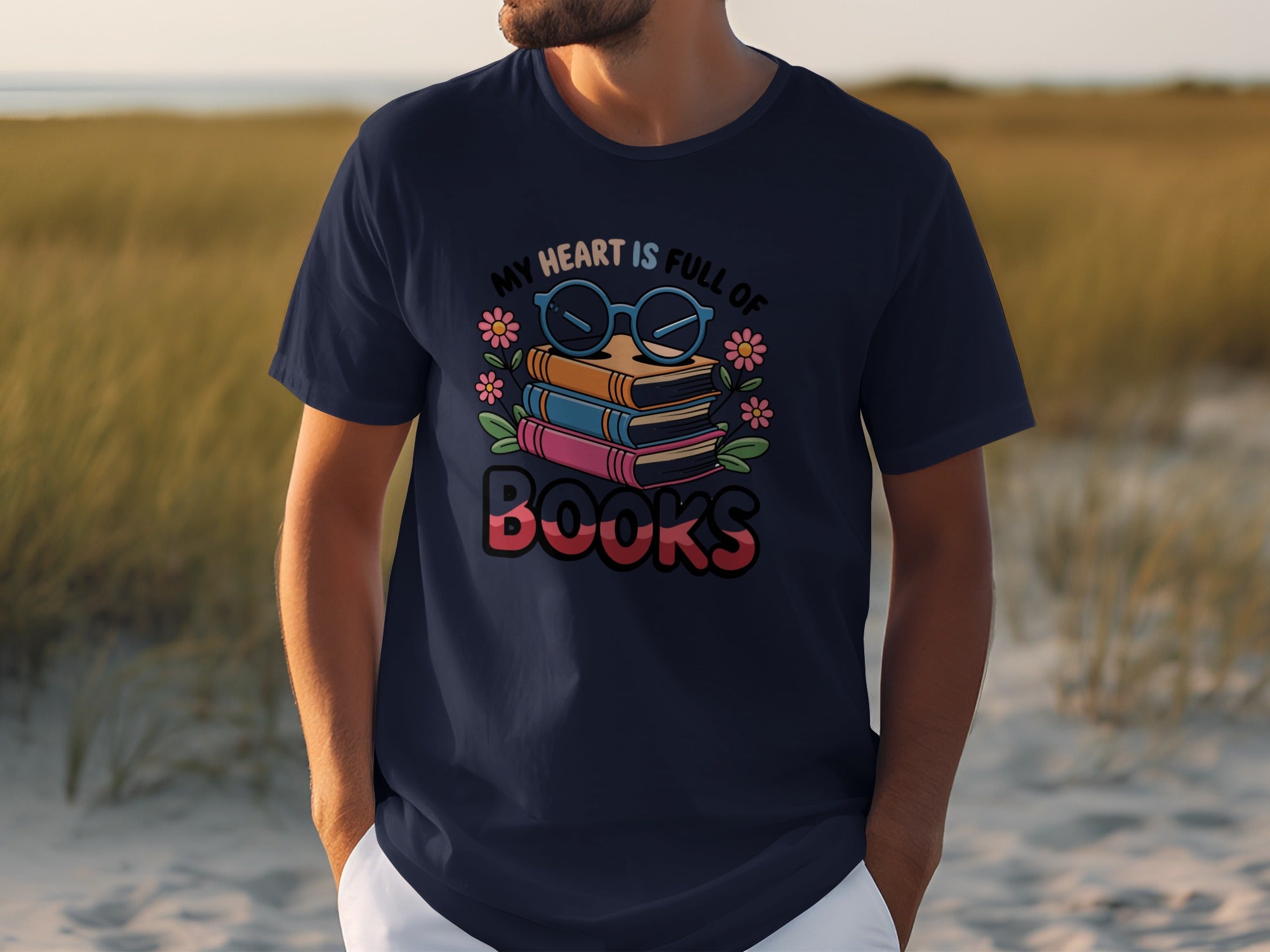 Navy t-shirt with graphic "My Heart Is Full of Books" and stack of books.