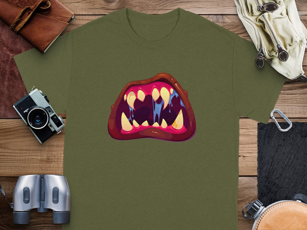Green t-shirt with a cartoon monster mouth graphic.