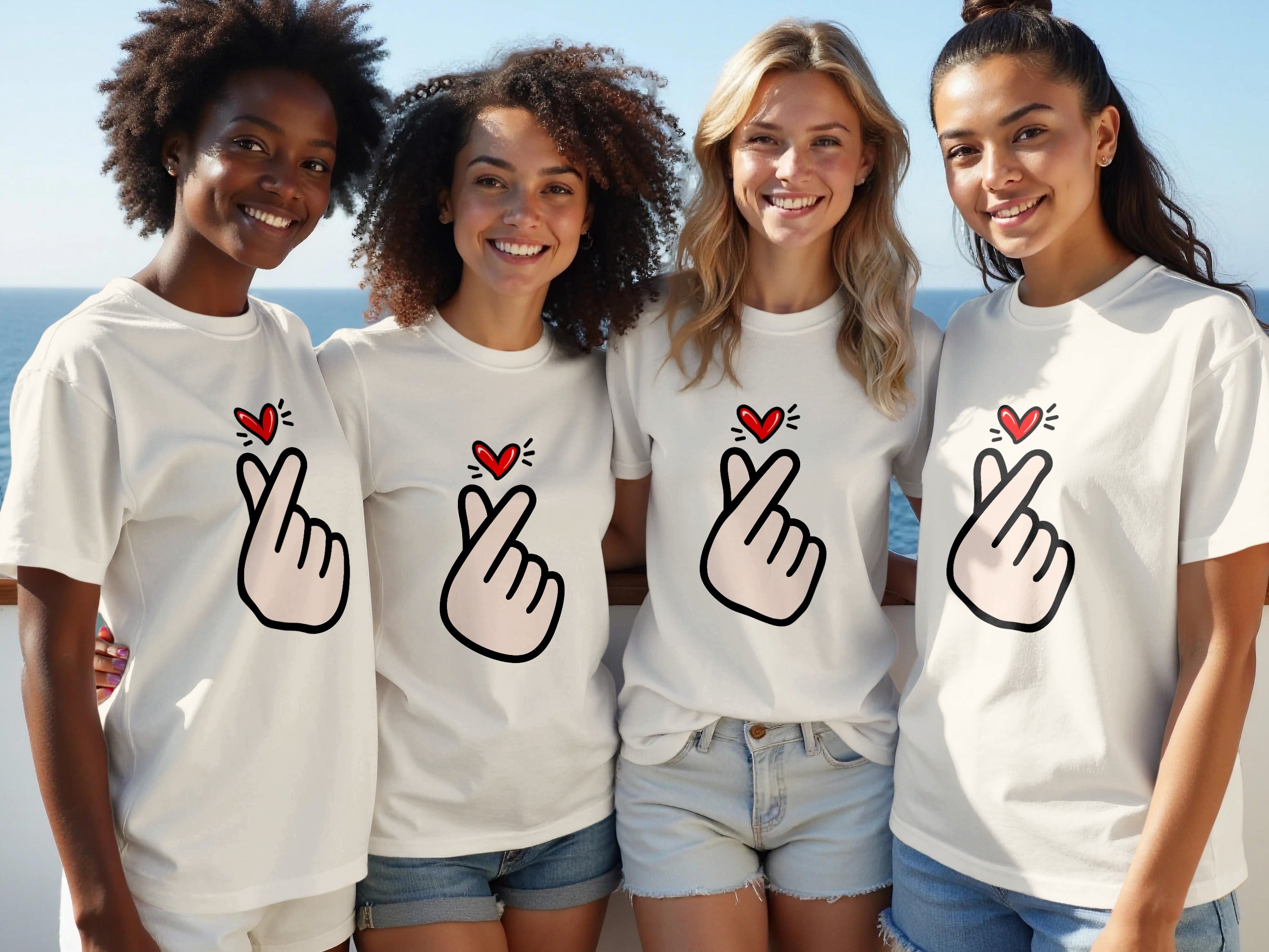Four diverse women in white t-shirts depicting a finger heart gesture.