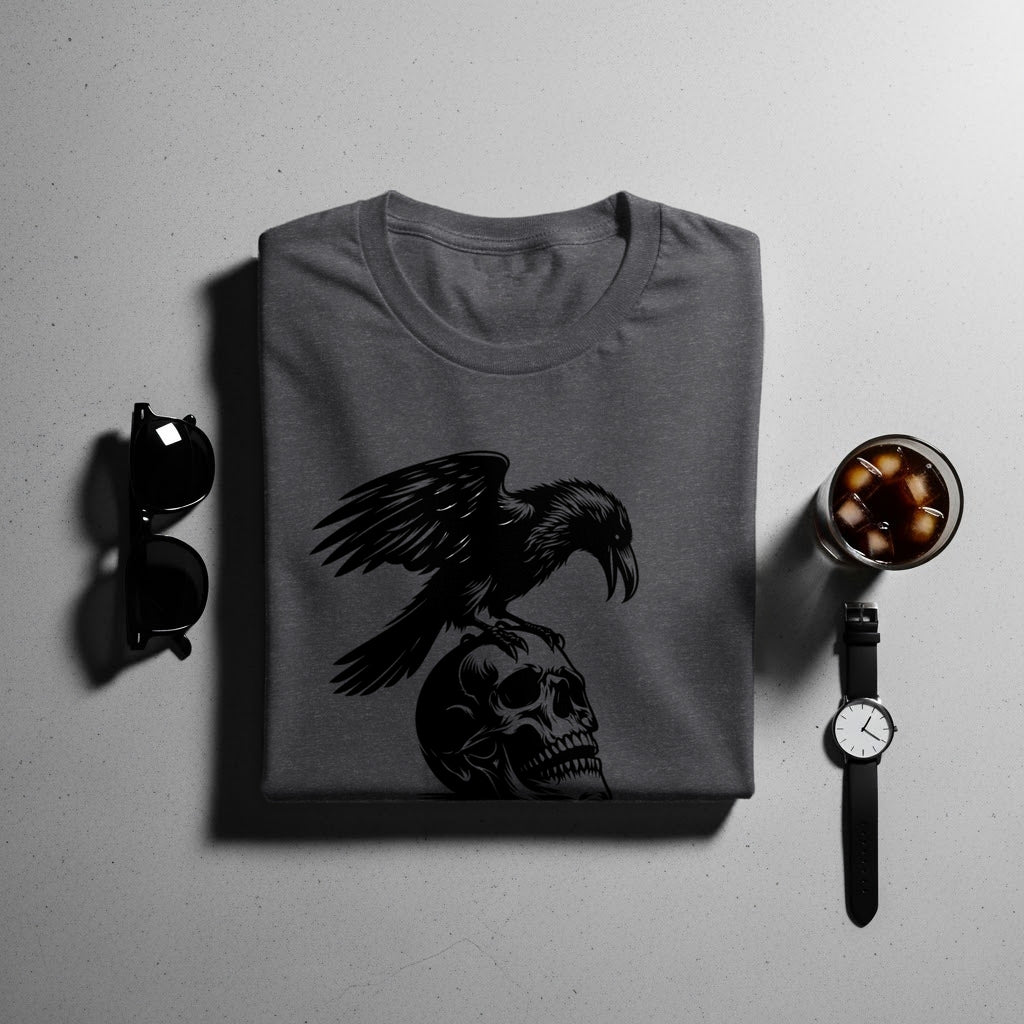 Dark gray t-shirt with black raven perched on a skull graphic.
