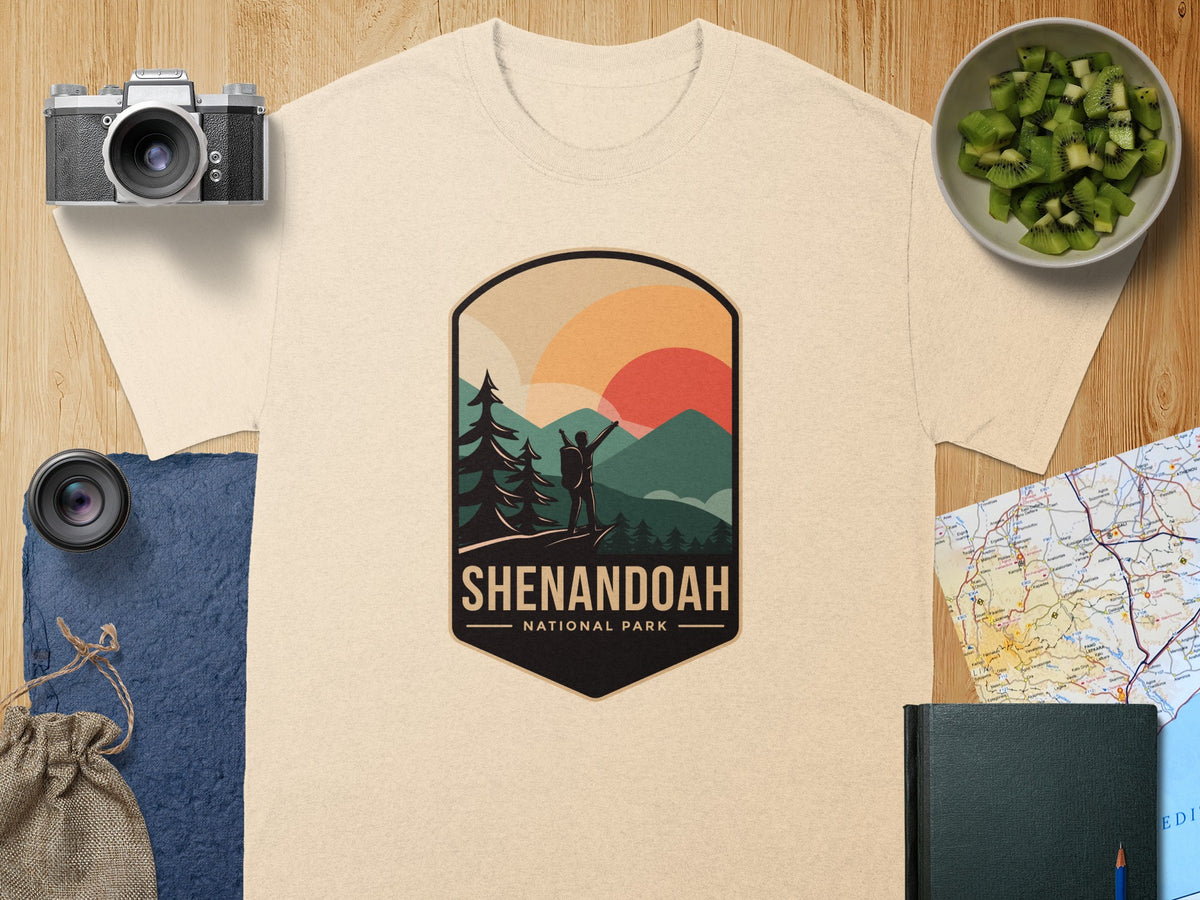 Shenandoah National Park graphic on a light beige t-shirt.