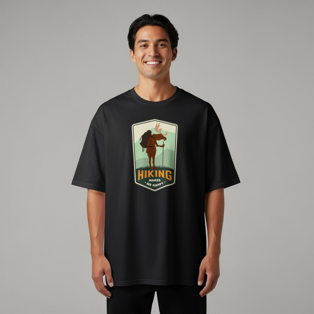 T-shirt with a hiking moose graphic and the text "Hiking Makes Me Happy".