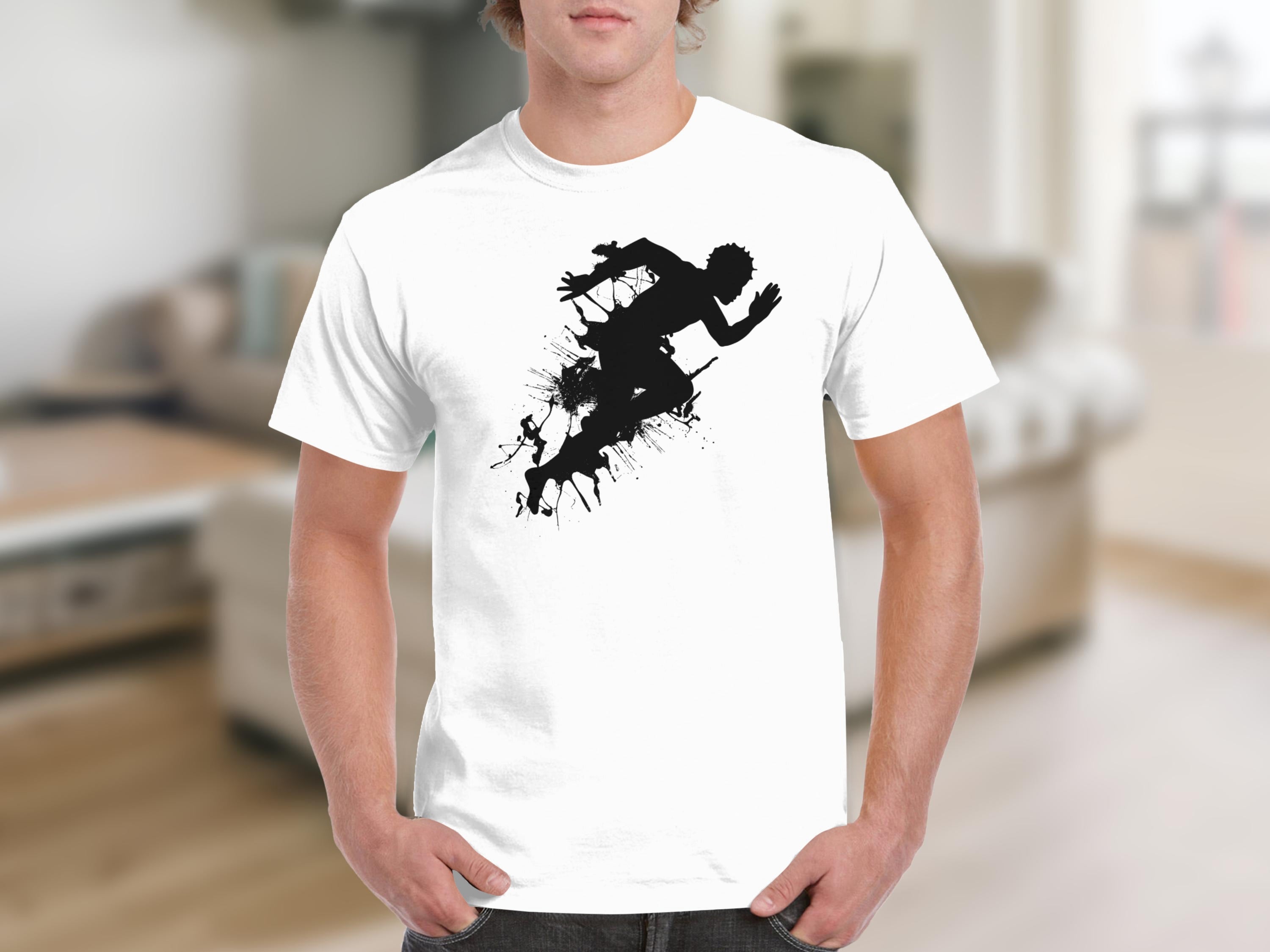 White t-shirt with black silhouette of a running figure and paint splatters.