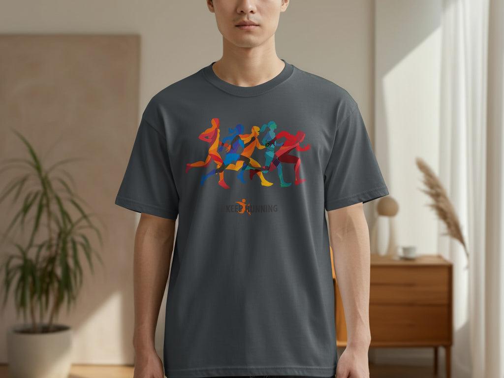 Dark grey t-shirt with colorful running figures and "Keep Running" text.