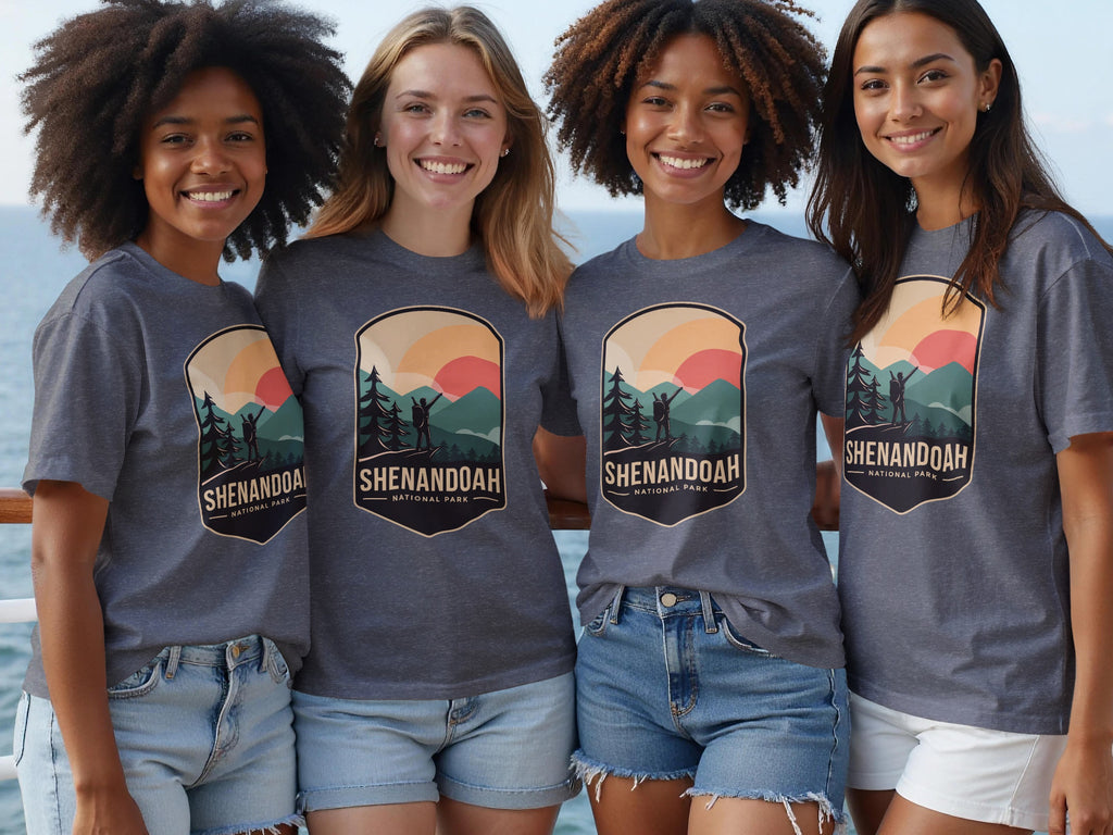 Four women in gray t-shirts with a Shenandoah National Park graphic, standing outdoors.