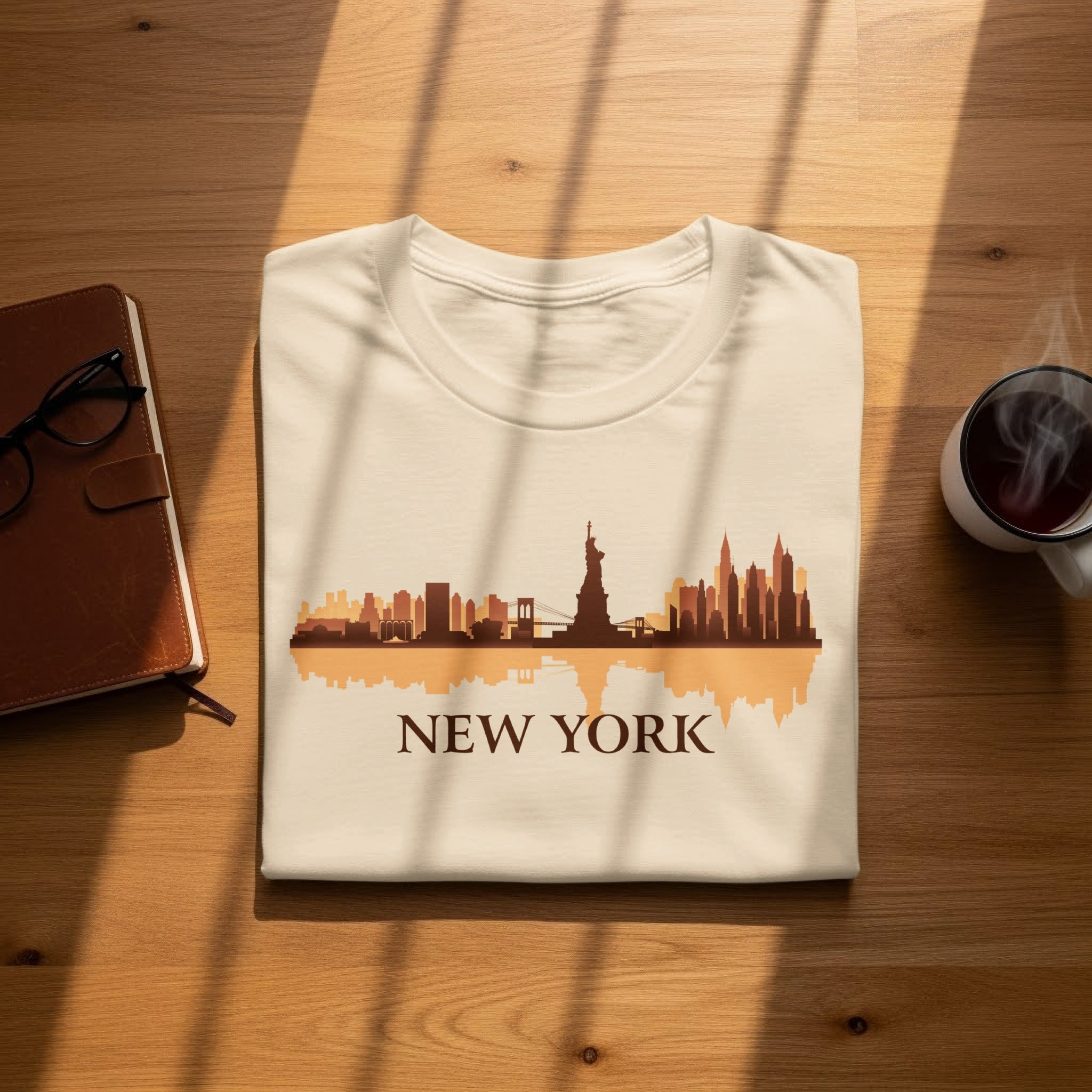 Light cream t-shirt with a New York City skyline graphic and text.