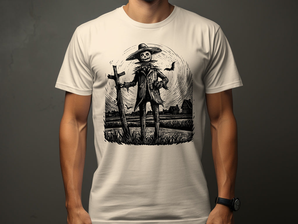 Scarecrow in a field at night with a bat and a cross, printed on a t-shirt.