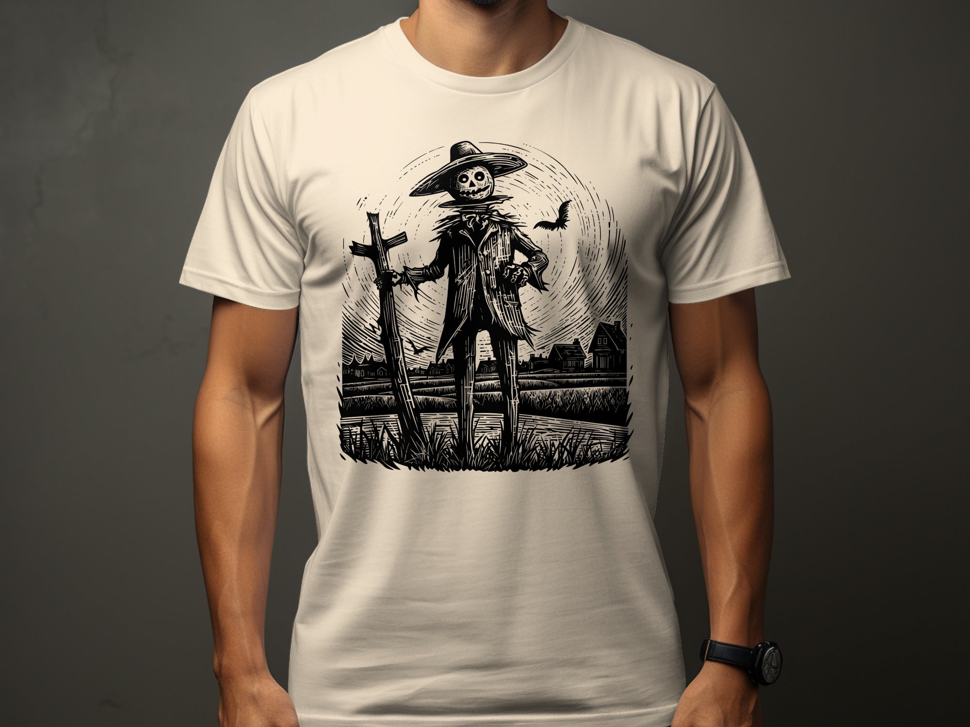 Scarecrow in a field at night with a bat and a cross, printed on a t-shirt.
