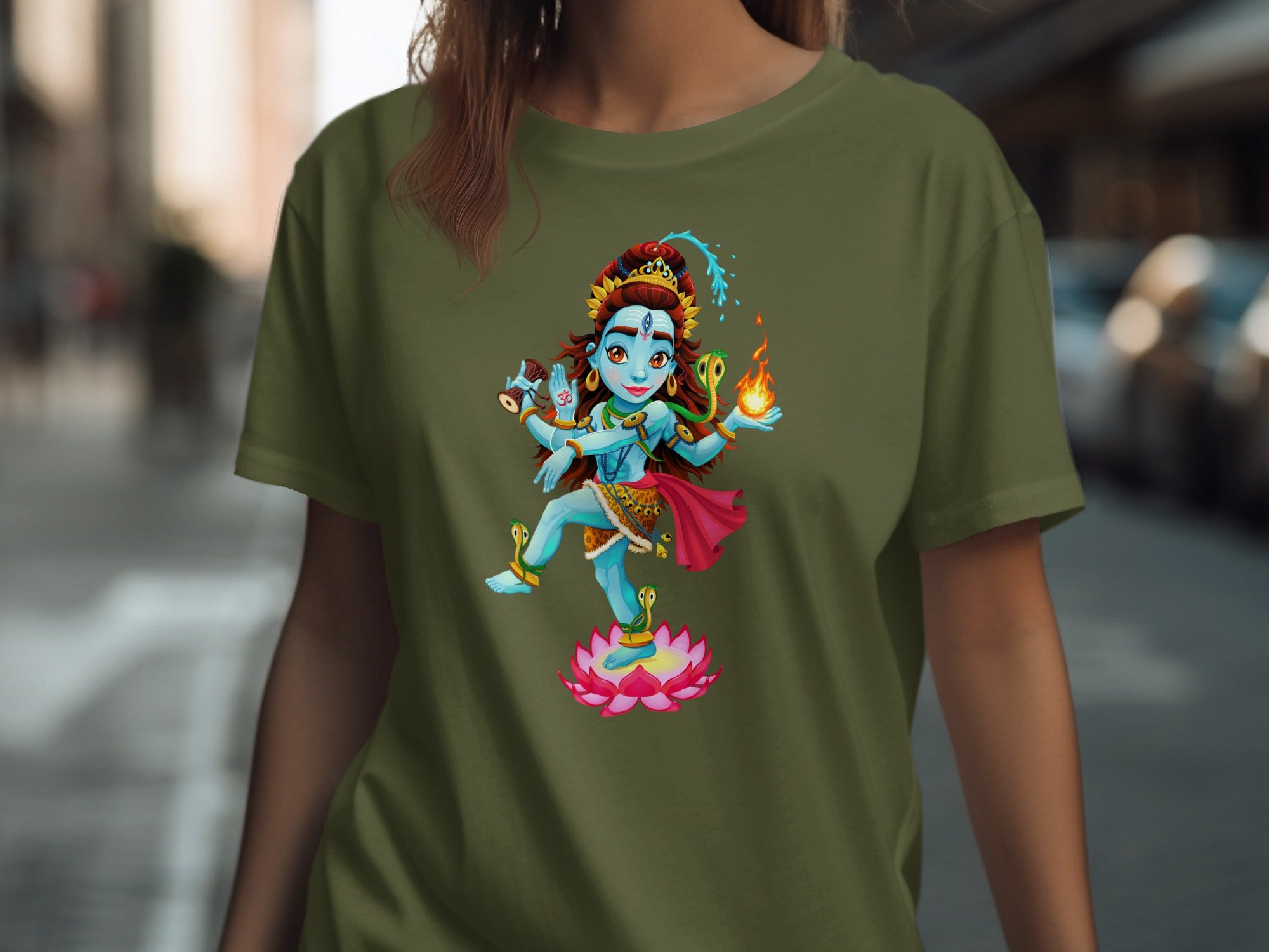 Cartoon Shiva with multiple arms dancing on a lotus flower.