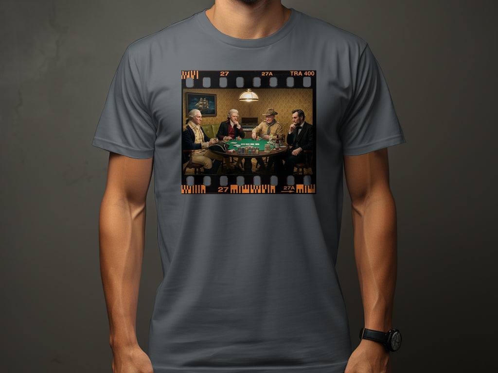 Four historical figures playing poker around a green felt table.
