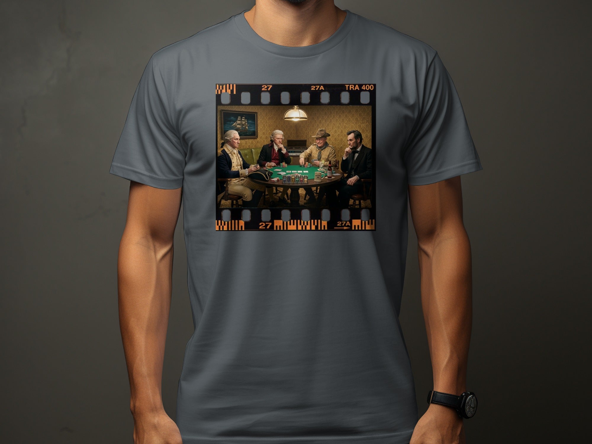Four historical figures playing poker around a green felt table.