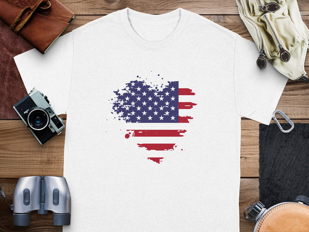 White t-shirt with distressed American flag heart graphic.