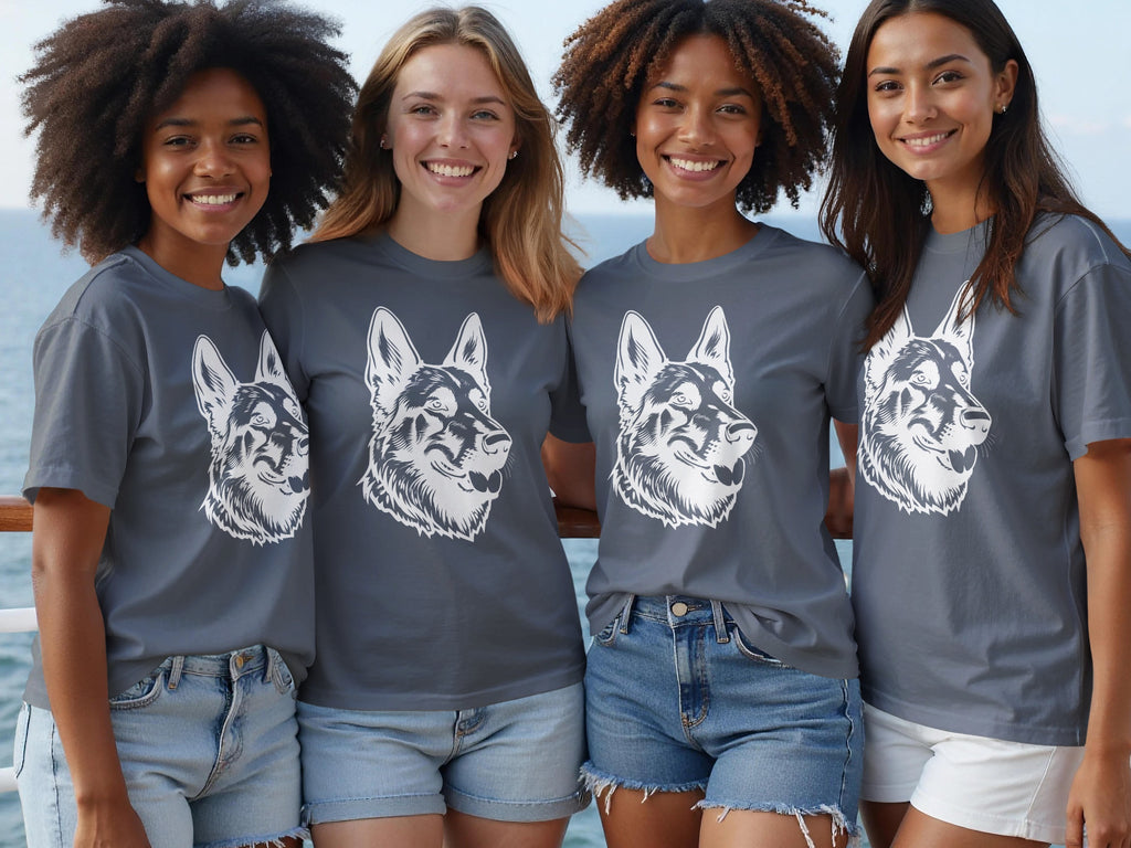 Four women in grey t-shirts with German Shepherd graphic stand on a deck.