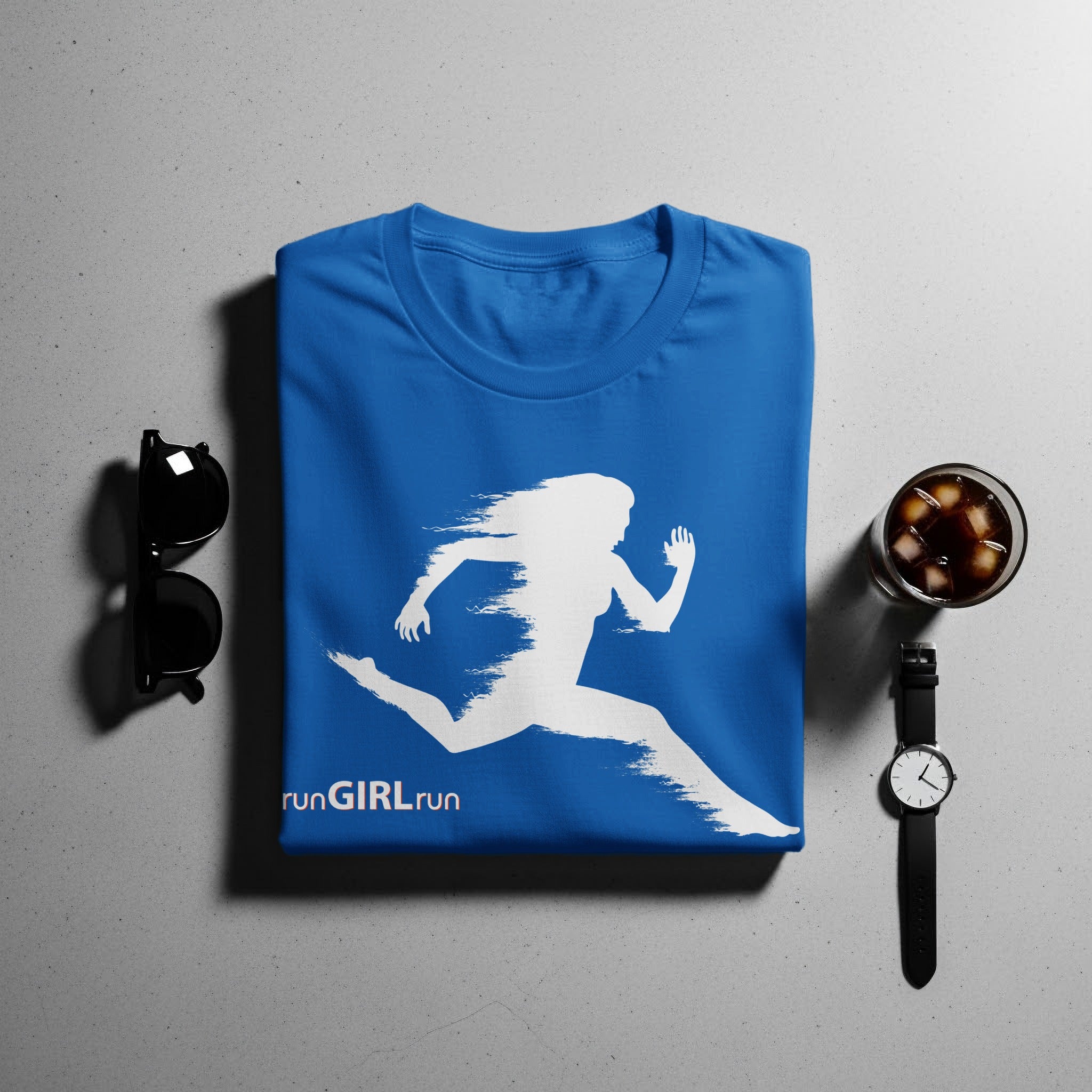 Blue t-shirt with white runner graphic and "runGIRLrun" text.